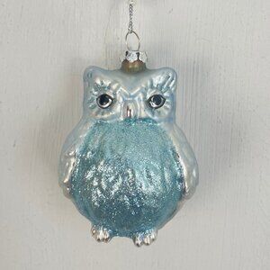 Christmas Ornament Owl Bird  Blue Glass Avian Shimmery Holiday Tree Decoration